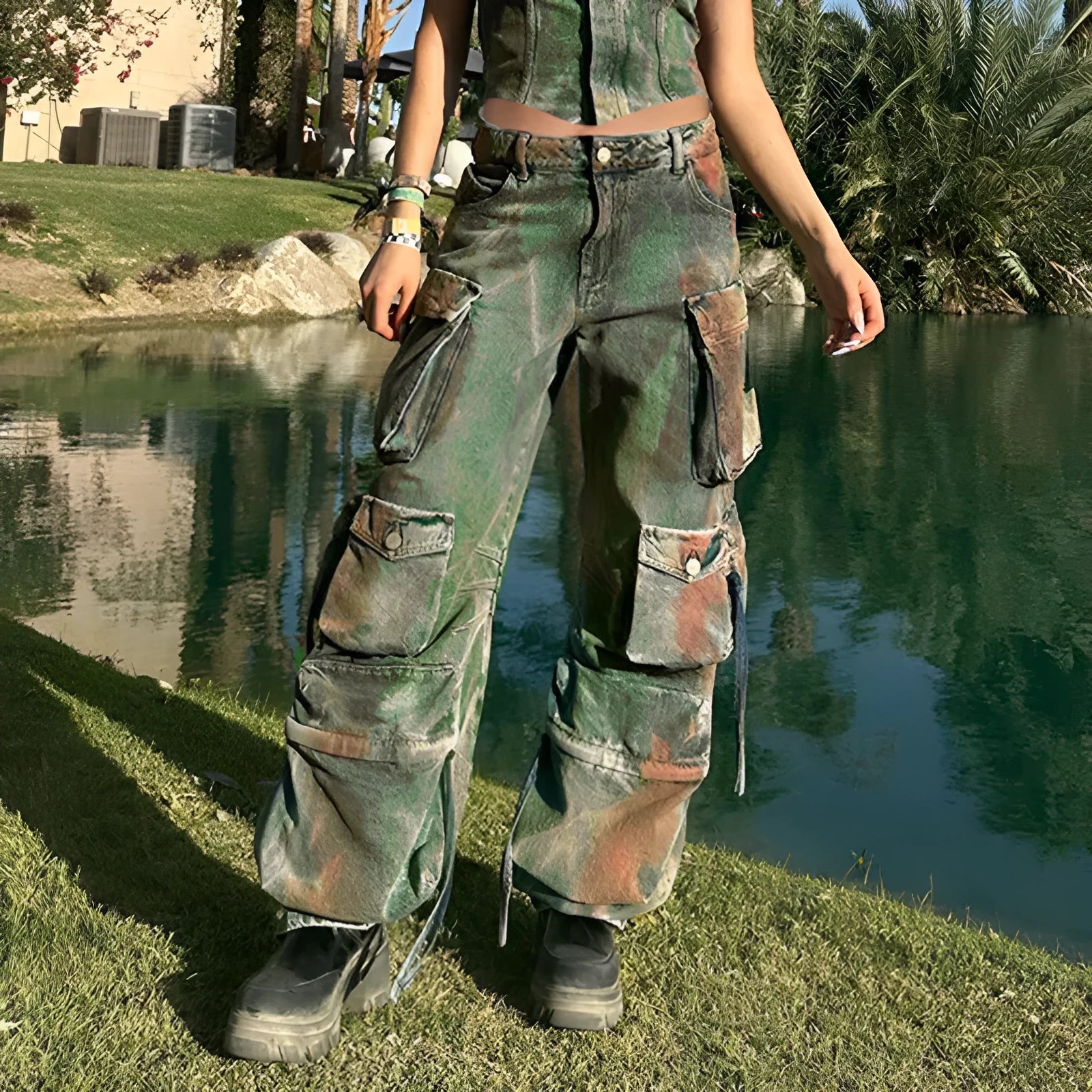 Loose fit cargo denim trousers with multiple gradient colour pockets and street style detailing