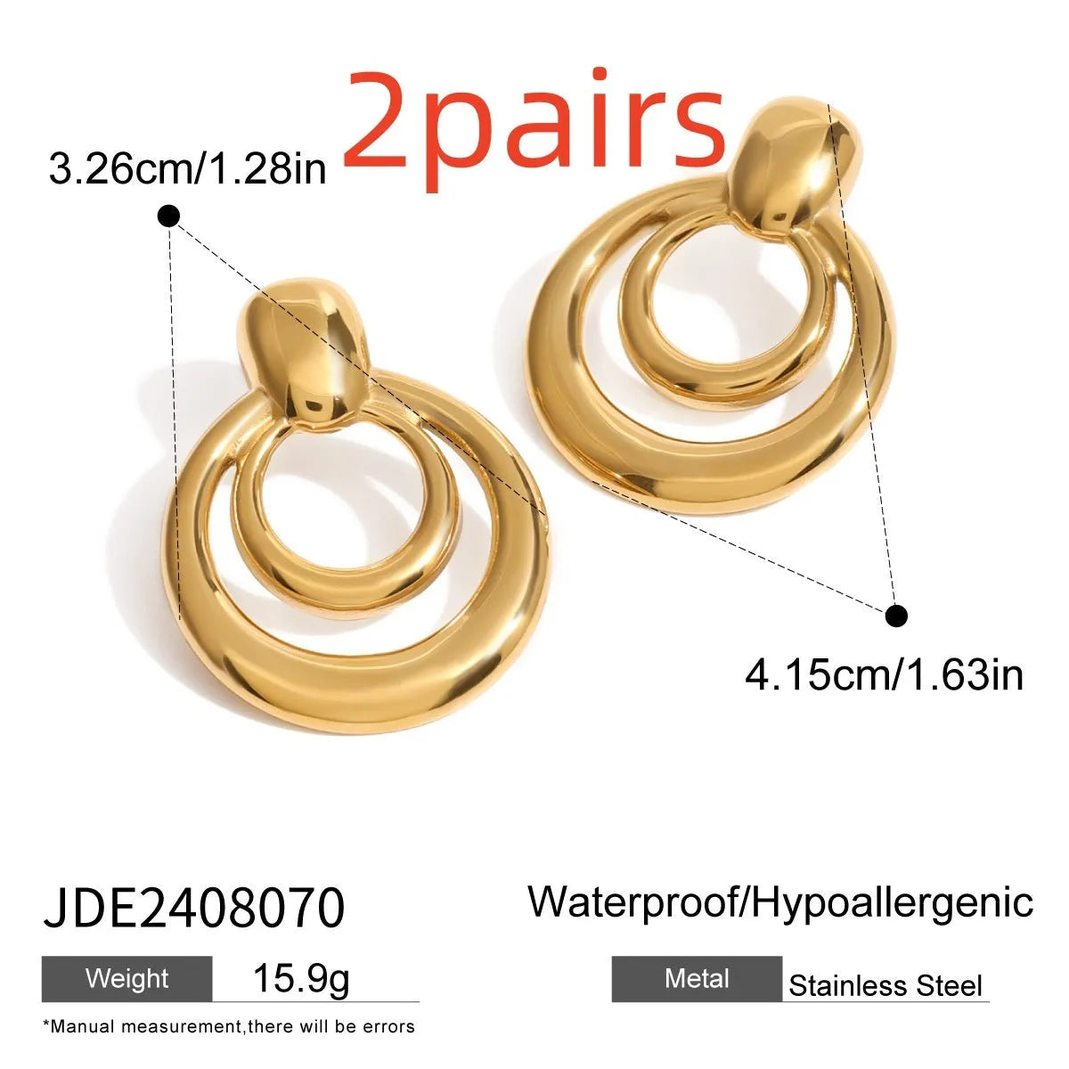 Round double layer hollow stud earrings with a gold electroplated finish on a titanium steel base.