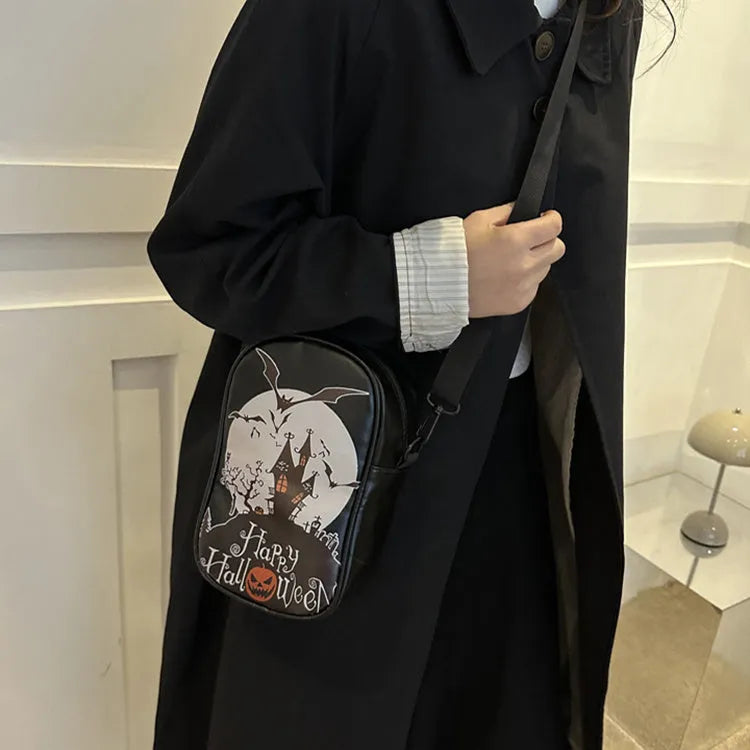Black Halloween graffiti mini crossbody bag with cartoon pumpkin ghost bat print