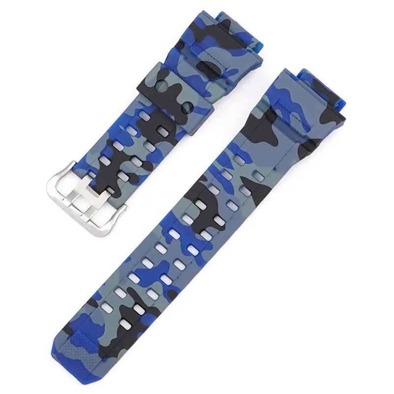 Camouflage pattern TPU watch strap with silver buckle showing 19cm length