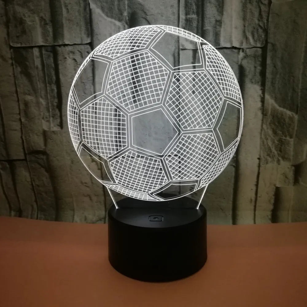 3D football-shaped night light with colour-changing LED effects on a black ABS base.