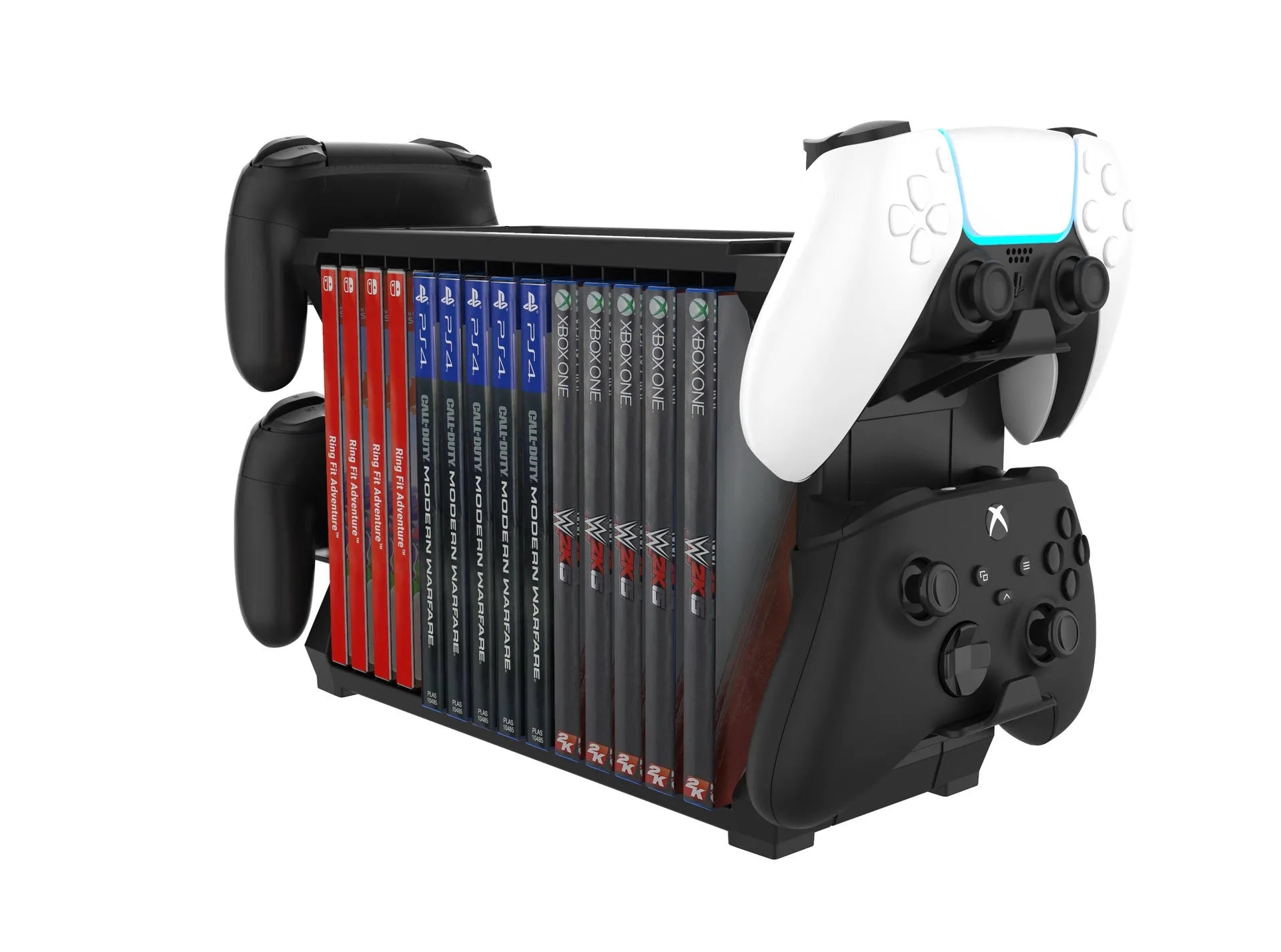 Black PS5 disc holder stand storing game discs and four controllers