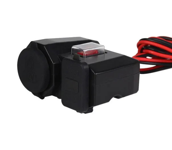 Black dual USB waterproof motorcycle charger with voltmeter mounted on handlebar