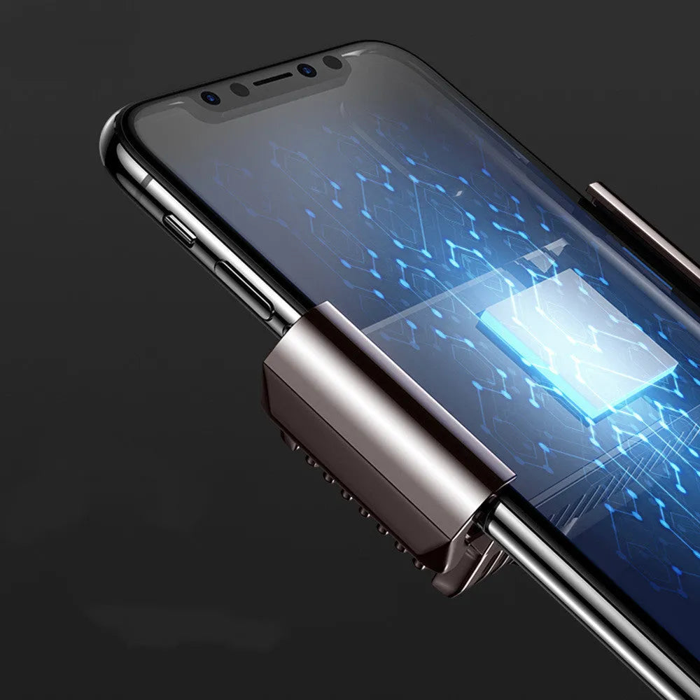 Black mobile phone cooling radiator with aluminium heatsink and clip, shown with USB cable.