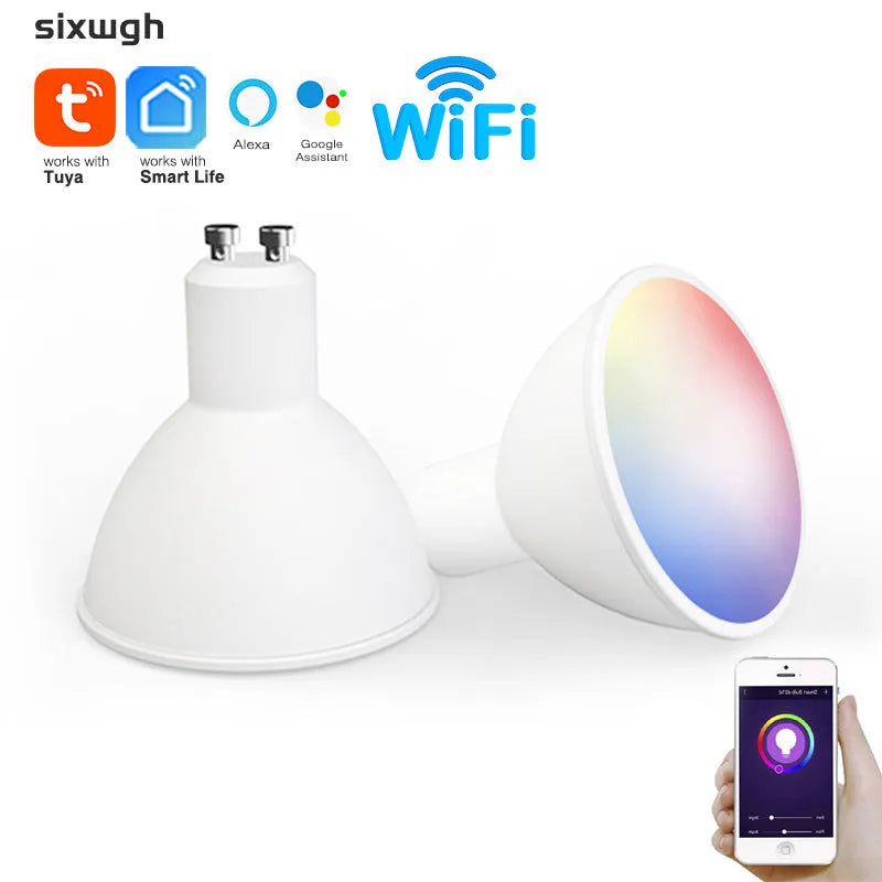 RGBCCT 5W smart GU10 WiFi LED spotlight bulb with voice control.