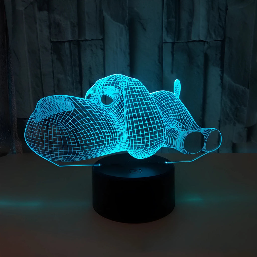 3D illusion dog desktop lamp showing colour changing options including red, green, blue, yellow, cyan, purple, and white