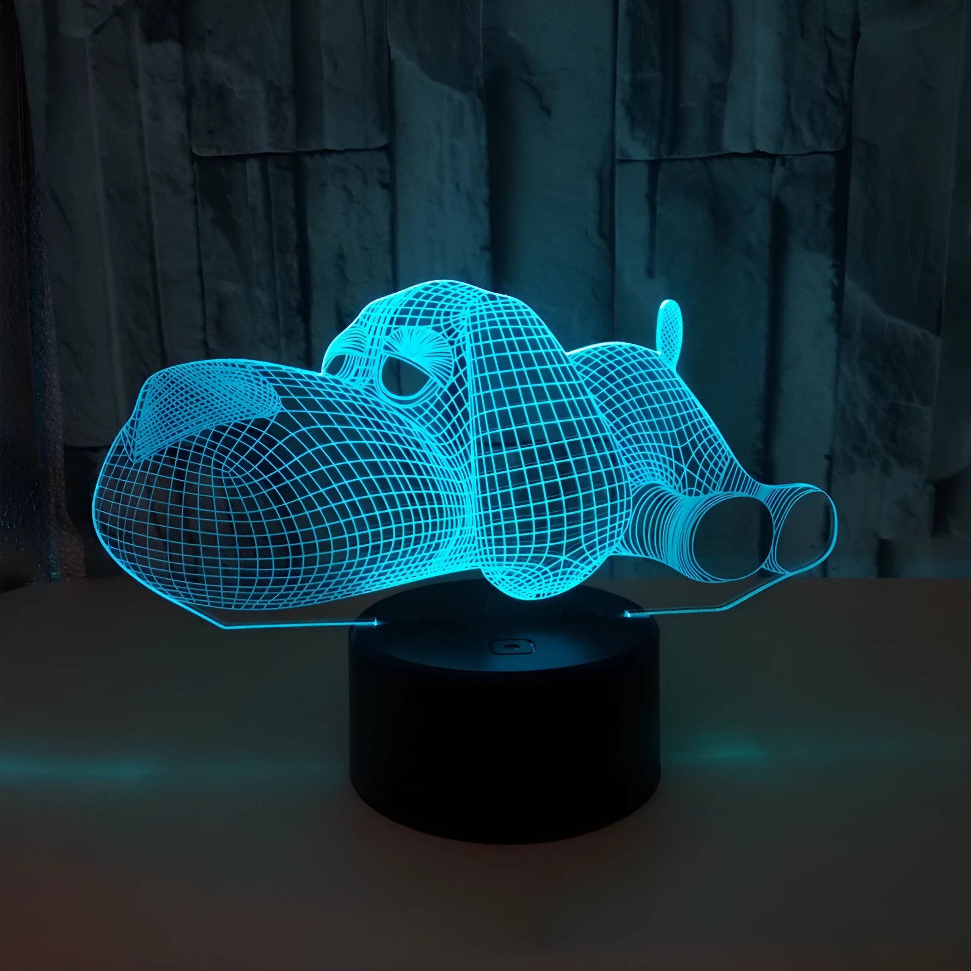 3D illusion dog desktop lamp showing colour changing options including red, green, blue, yellow, cyan, purple, and white