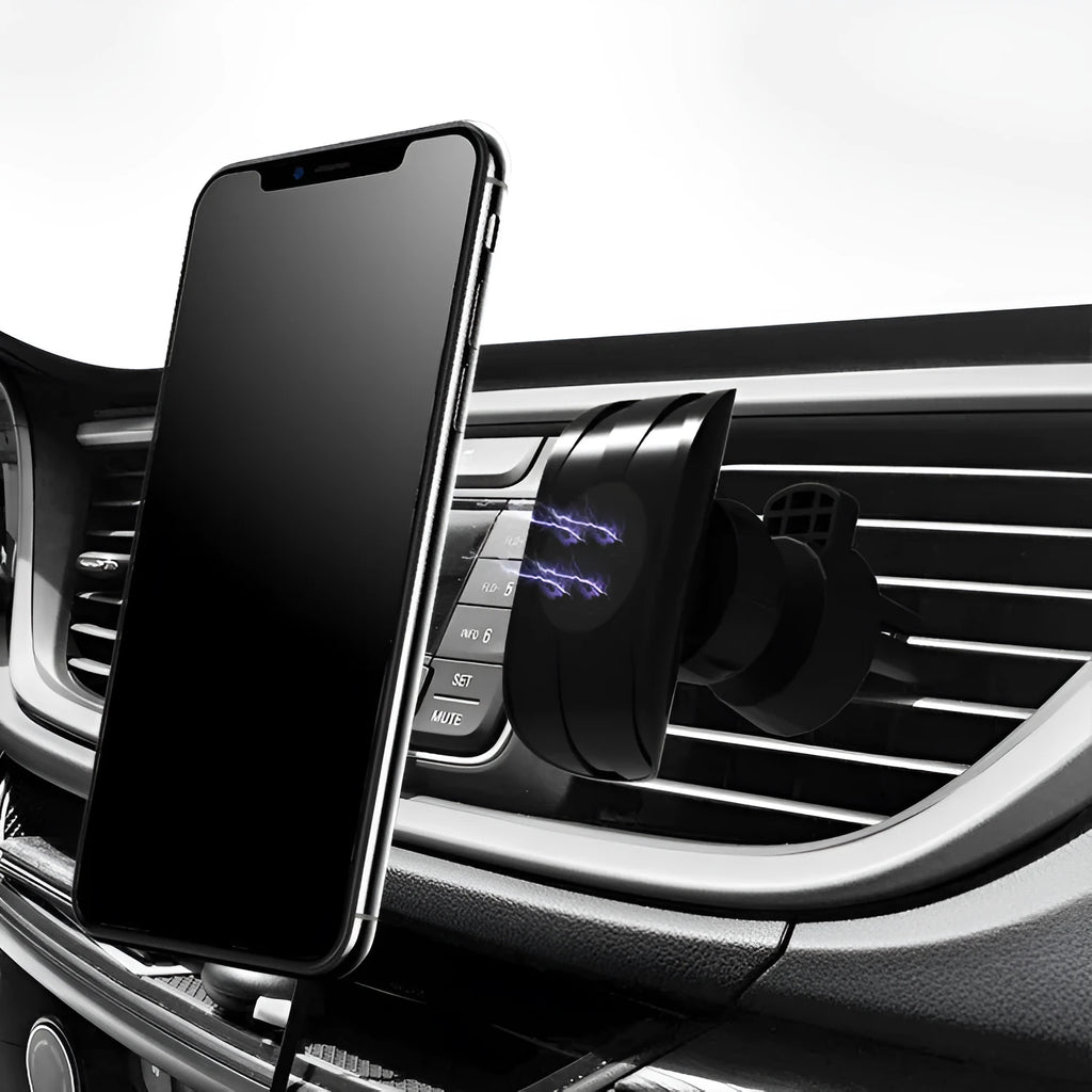 Black car phone holder attached to car air vent with adjustable arms holding mobile device