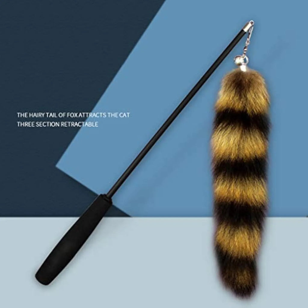 Black cat toy wand with 42cm handle, elastic string, and feather attachment for interactive play