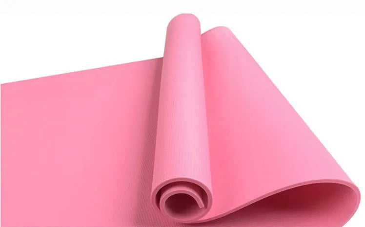 EVA yoga mat in red showing rolled and flat positions, demonstrating 4mm and 6mm thickness options.