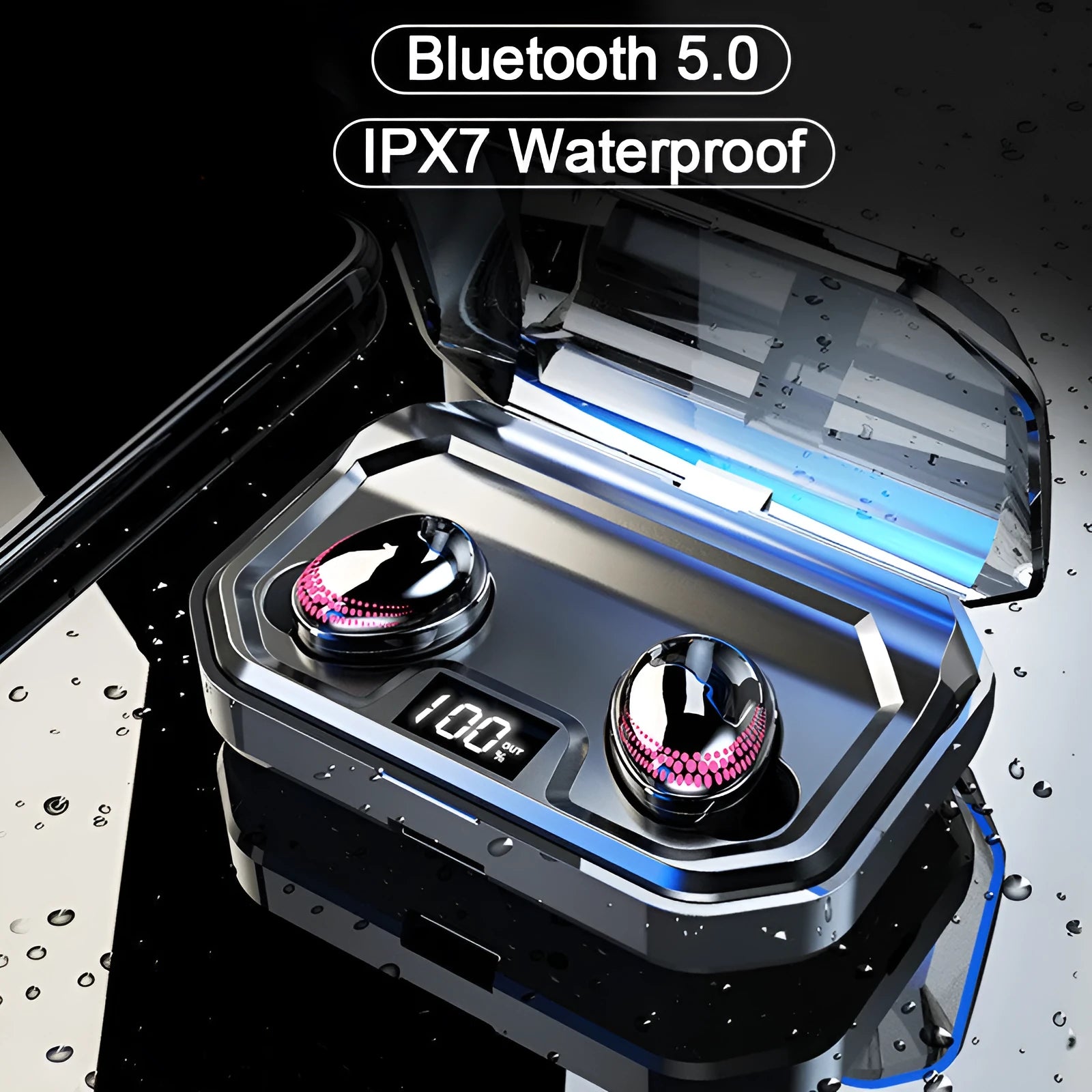Black X10 Bluetooth wireless headset with its matching charging case on a white background.