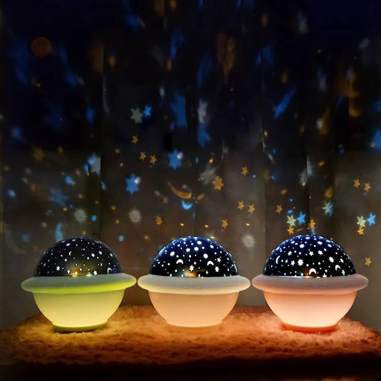 UFO-shaped plastic starry sky projection night light in pink, white, or green colours