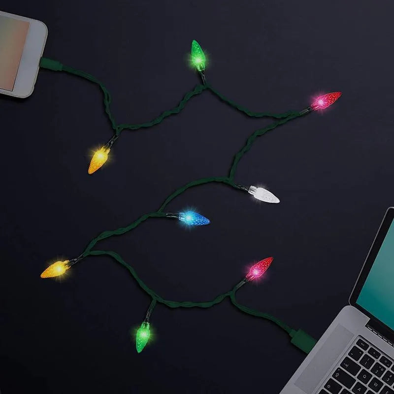 Green USB charging cable with 10 small LED lights illuminated along its length for festive decoration.