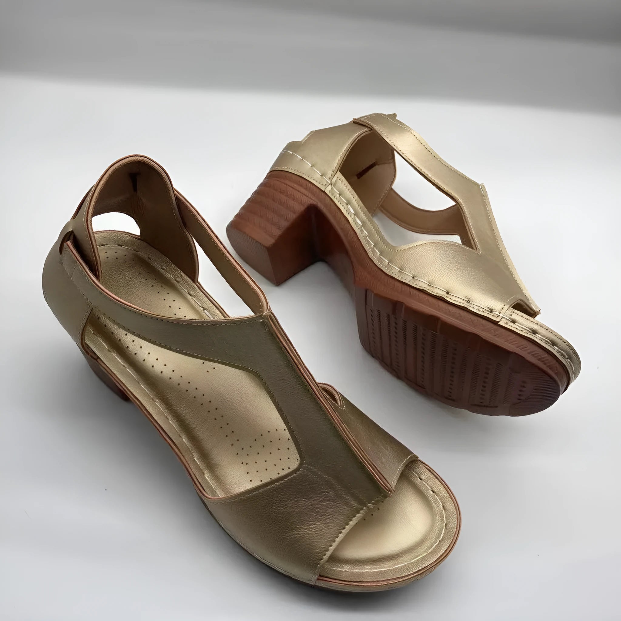 Plus size women's wedge sandals with peep toe, Roman buckle detail, and fish mouth design