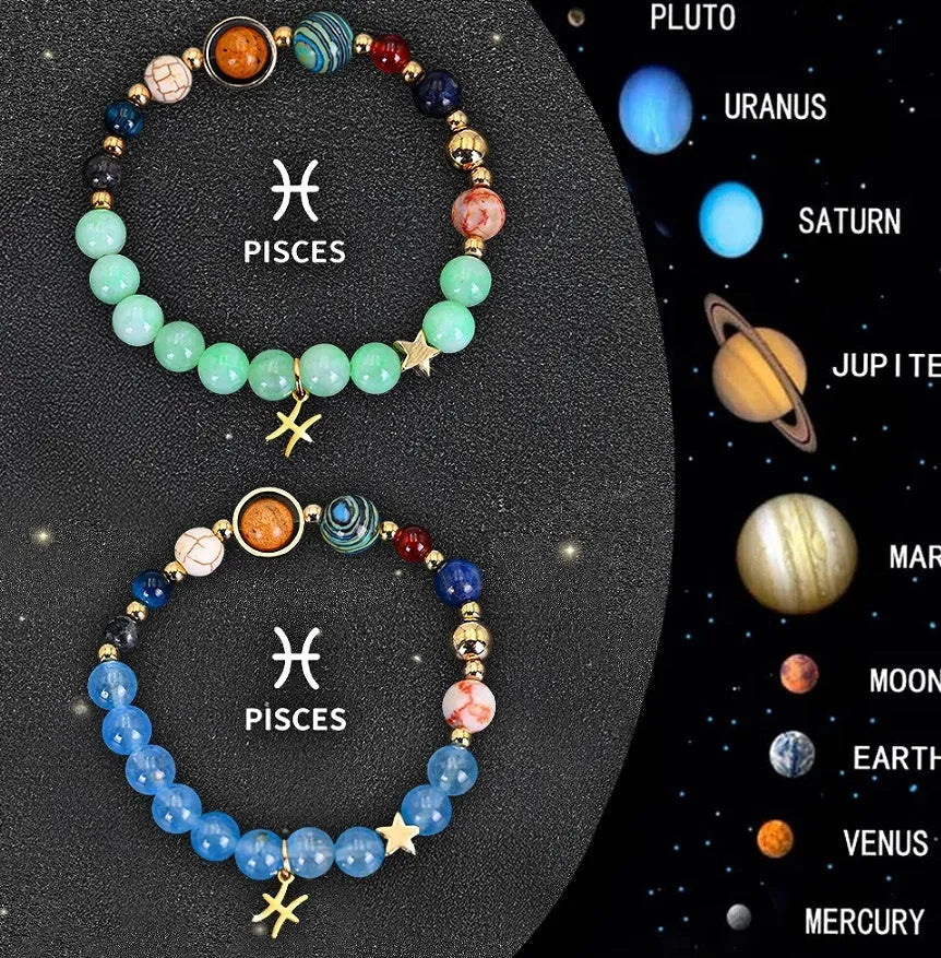 A pair of natural stone beaded bracelets from a twelve-piece zodiac sign collection.