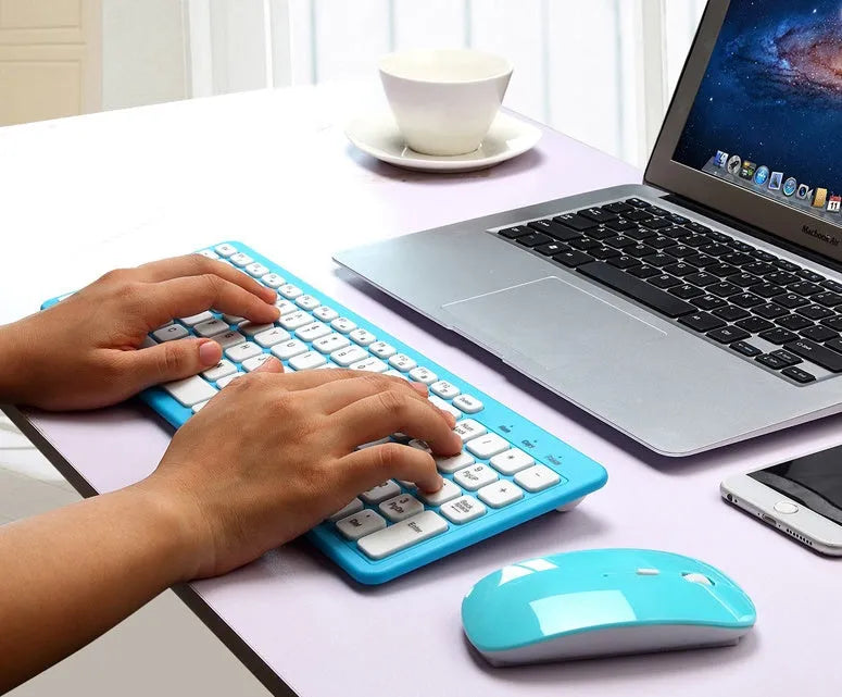 96-key wireless keyboard and mouse set in choice of colours with compact design and micro USB receiver