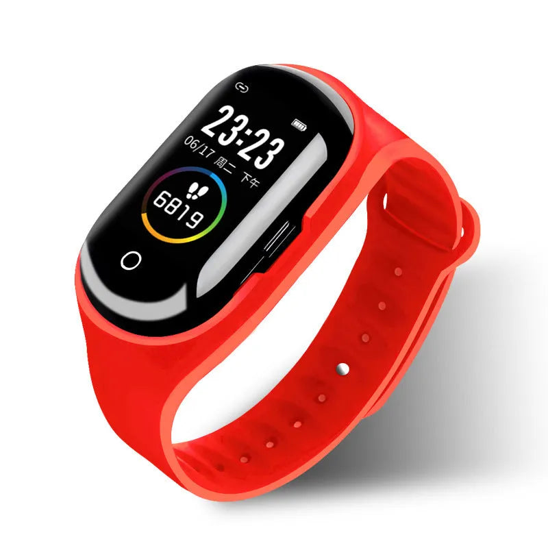 Blue smart bracelet and wireless earphone combo with 1-inch screen on a silicone wristband.