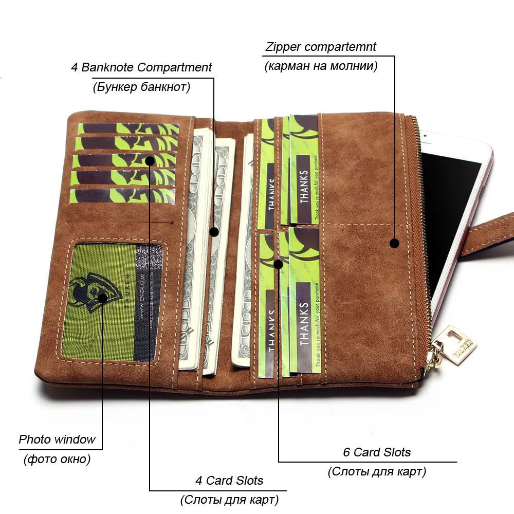 Korean retro matte Pu leather women's vertical long wallet with zip closure showing multiple card slots
