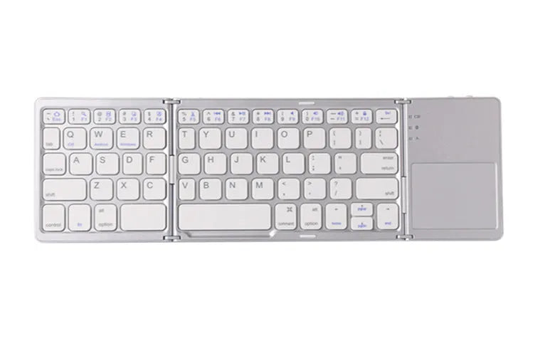 Tri-fold folding Bluetooth keyboard shown in both unfolded typing position and folded portable configuration