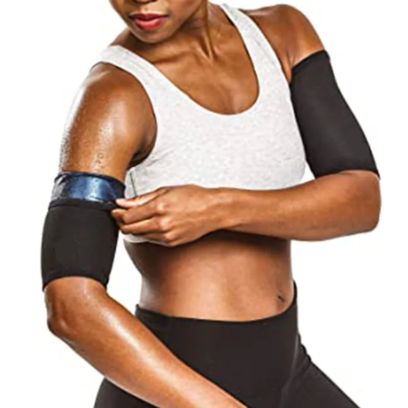 Blue and silver sports arm sweatband shown on an arm, with packaging showing black and red colour option.