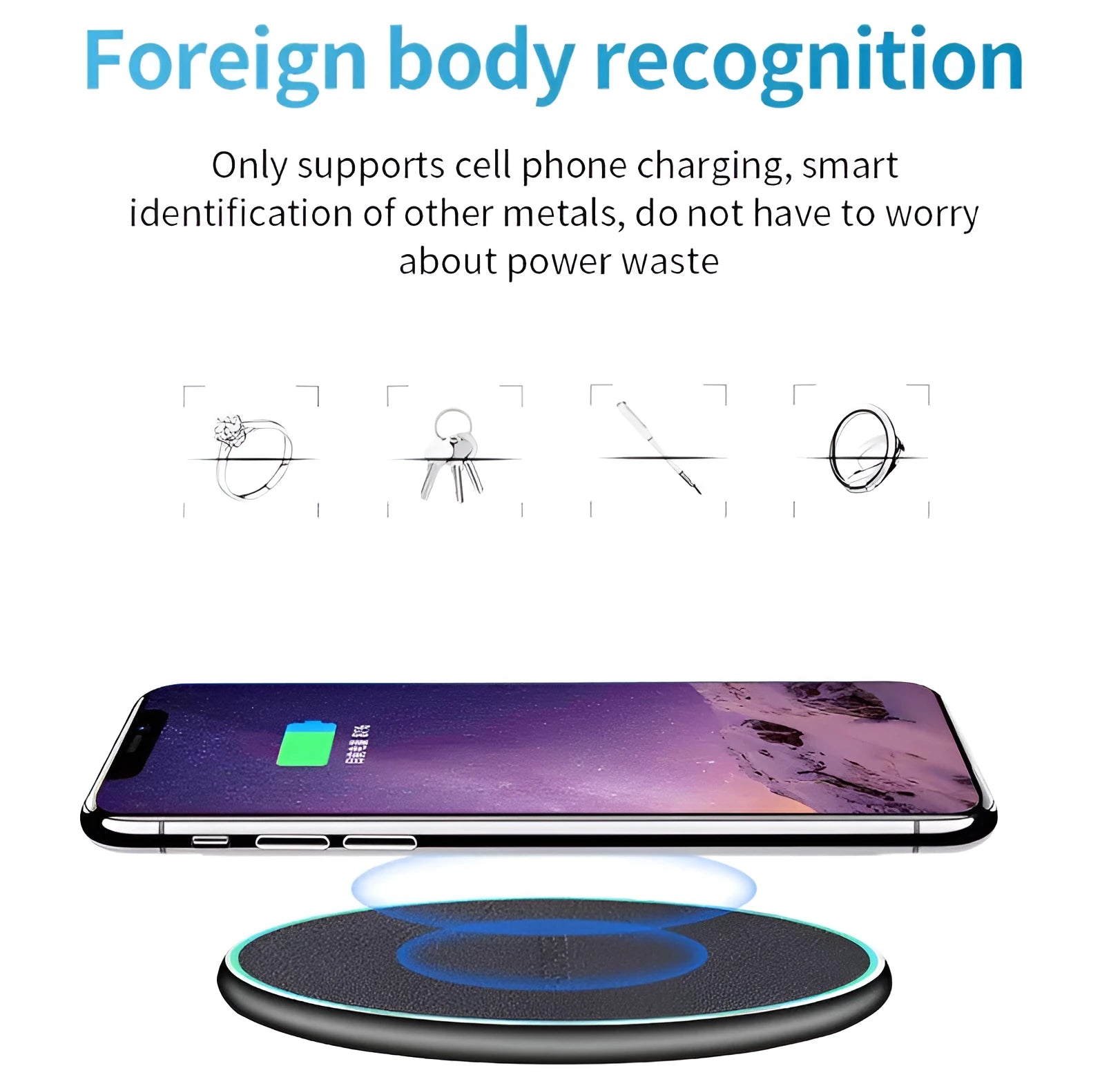 Black Quick Qi wireless charging pad for iPhone 11 on a desk surface
