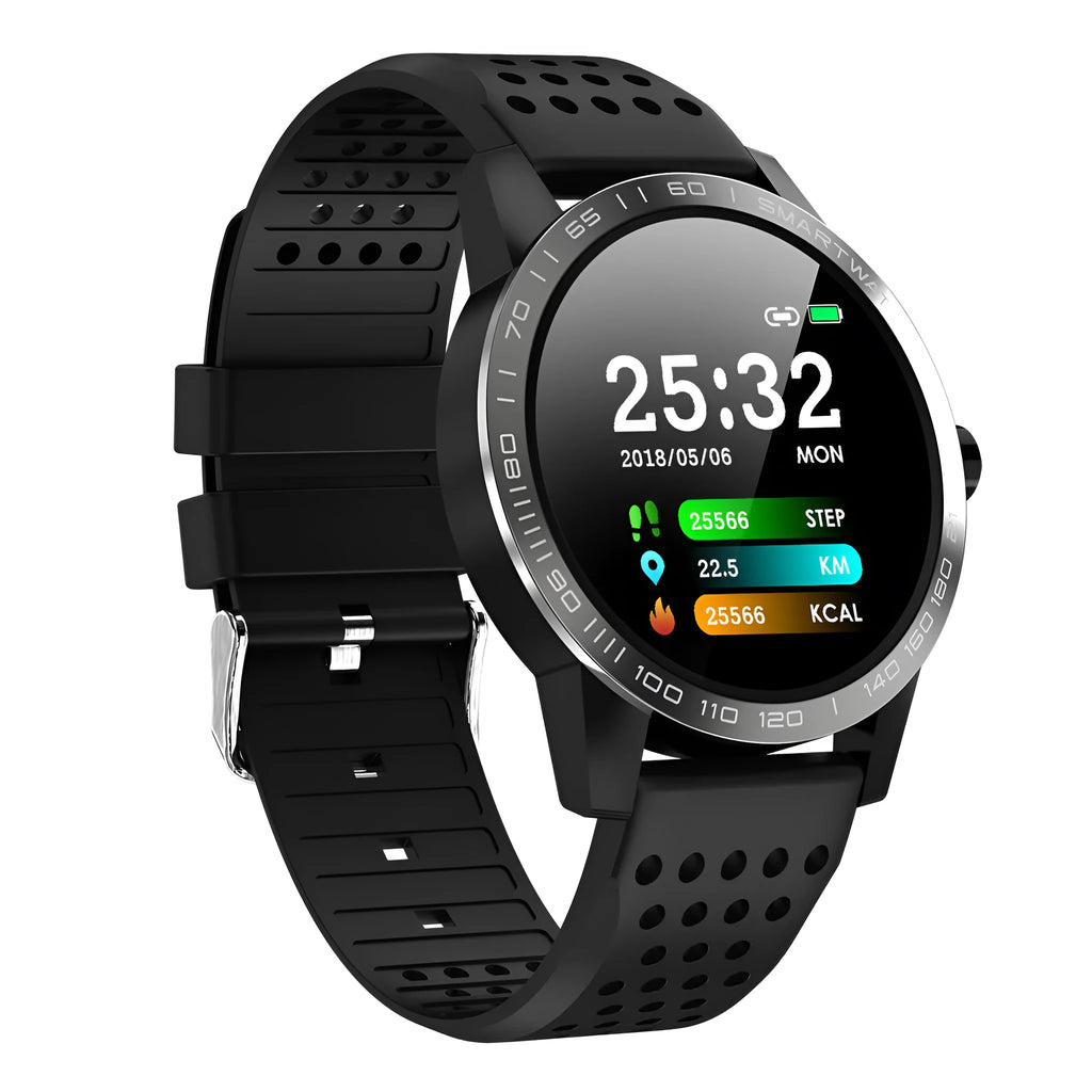 Black smart bracelet with a colour screen showing heart rate data on a wrist.