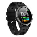 Black smart bracelet with a colour screen showing heart rate data on a wrist.