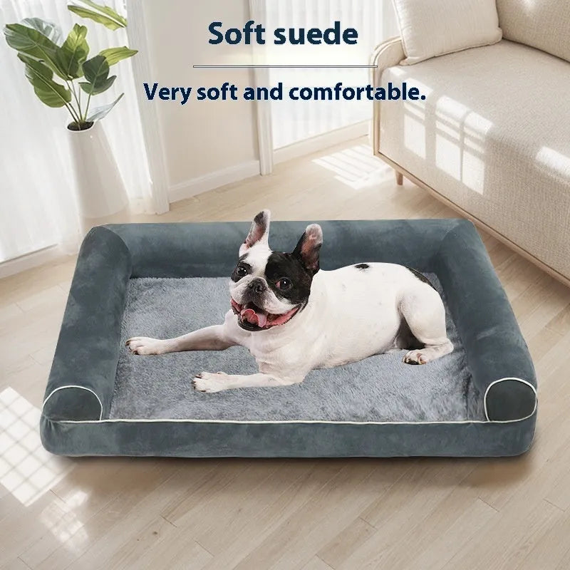 Square sponge dog bed for pets available in dark grey, light grey, khaki, blue, and beige colours.