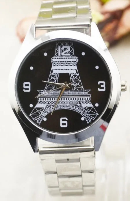 Black dial wrist watch with Eiffel Tower silhouette on stainless steel strap