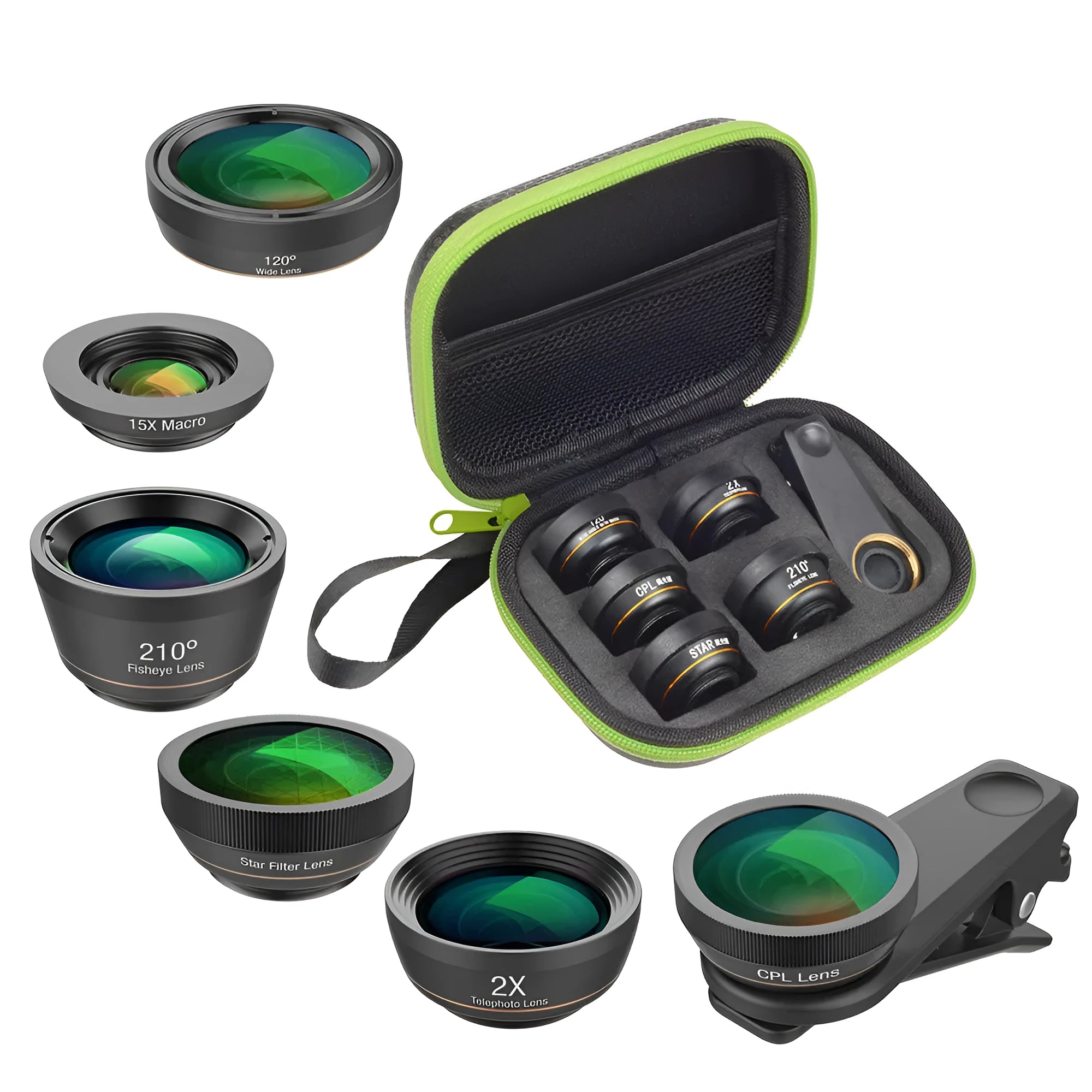 Black universal 6-in-1 mobile phone lens kit showing fisheye, macro, wide angle, telephoto, CPL and star filter lenses with clip.