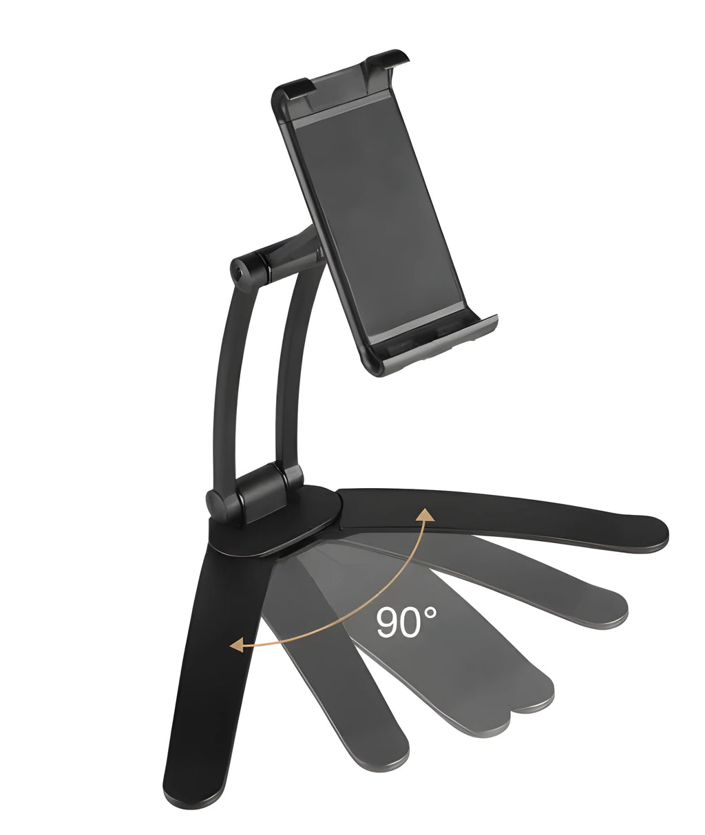 Silver aluminium alloy desktop tablet stand holding a tablet at an adjustable angle with a white mounting base.