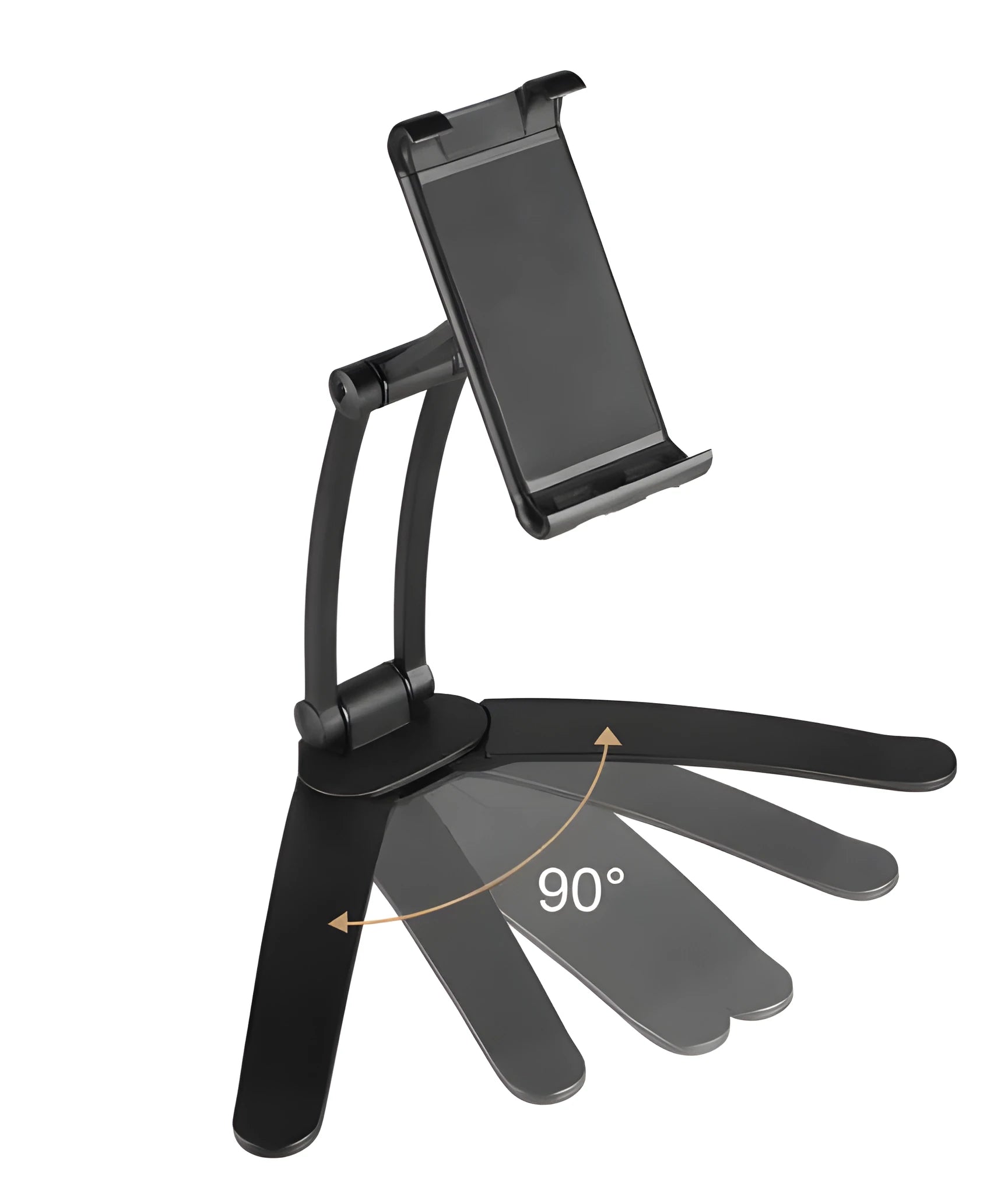 Silver aluminium alloy desktop tablet stand holding a tablet at an adjustable angle with a white mounting base.