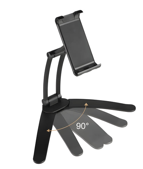 Silver aluminium alloy desktop tablet stand holding a tablet at an adjustable angle with a white mounting base.