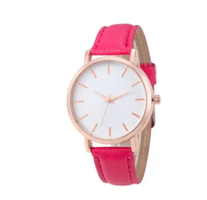 Square-faced quartz watch with a PU leather strap showing colour options on a white background.