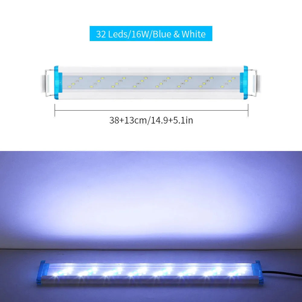 Ultra-thin PVC aquarium LED light bar with blue and white lights in multiple lengths for fish tanks.