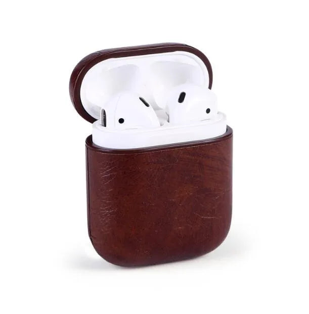 Genuine leather charging case for Apple Airpods in black, brown, light brown, and red
