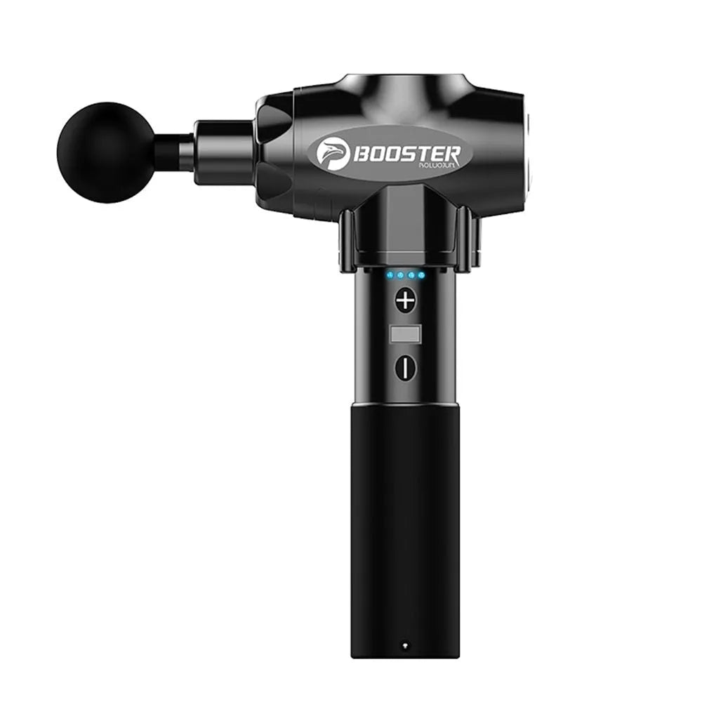 Black and white muscle relaxation massager with lithium battery showing 1800-3200r/min speed and 12mm stroke specifications