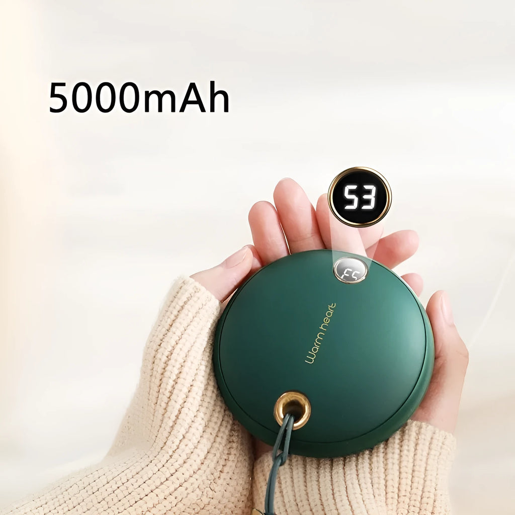 Green hand warmer power bank with digital display showing battery level, measuring 89.5mm with USB Type-C port