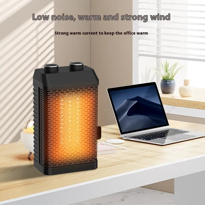 Black remote control desktop electric heater with compact design, showing control knob and air vents.