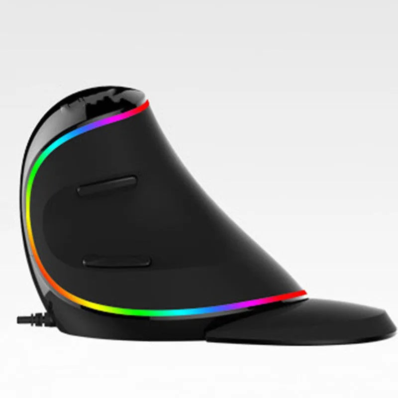 Vertical snail-shaped ergonomic computer mouse with RGB lighting and USB cable.
