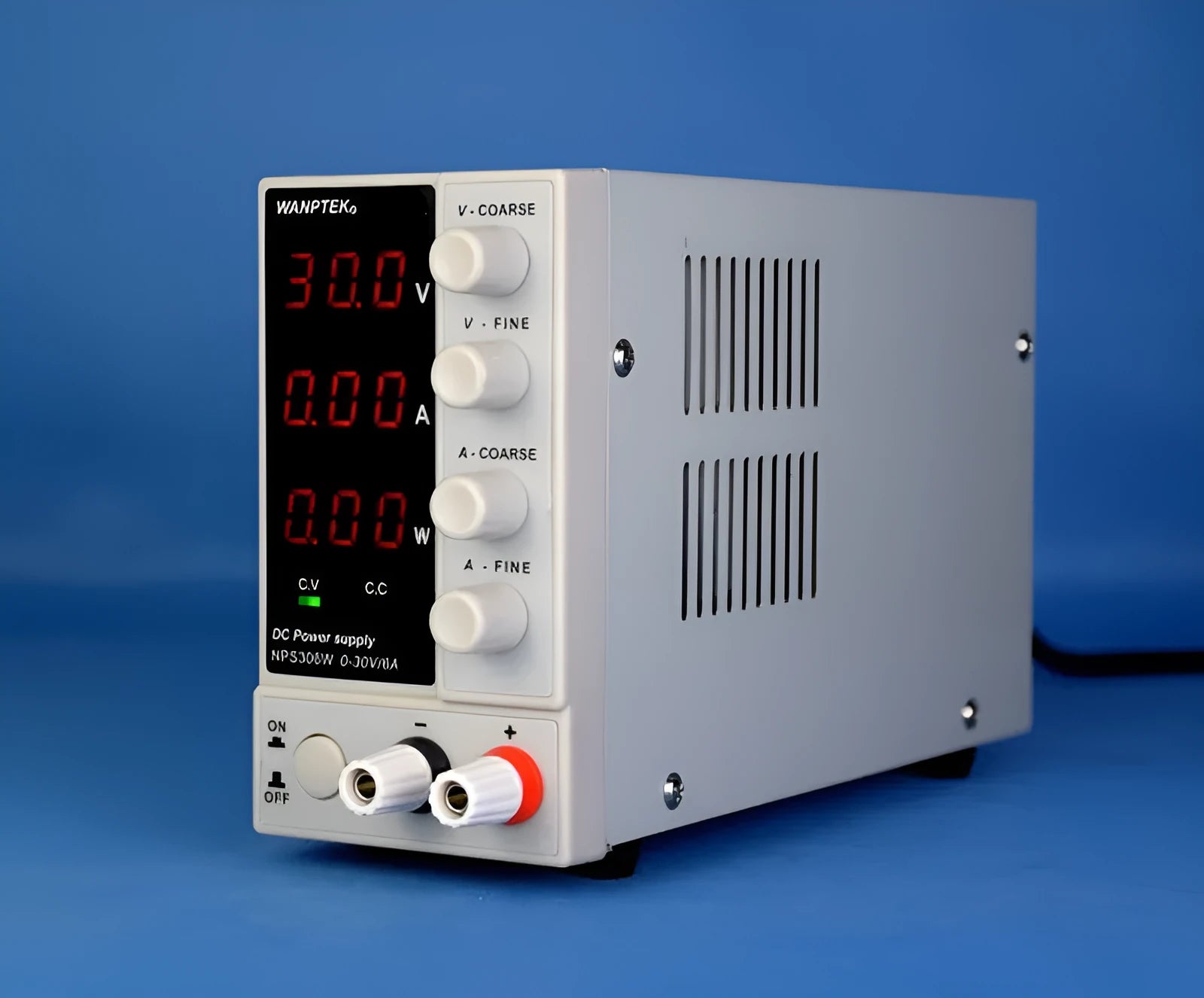 White adjustable DC bench power supply with display, model S605W, for electronics testing.