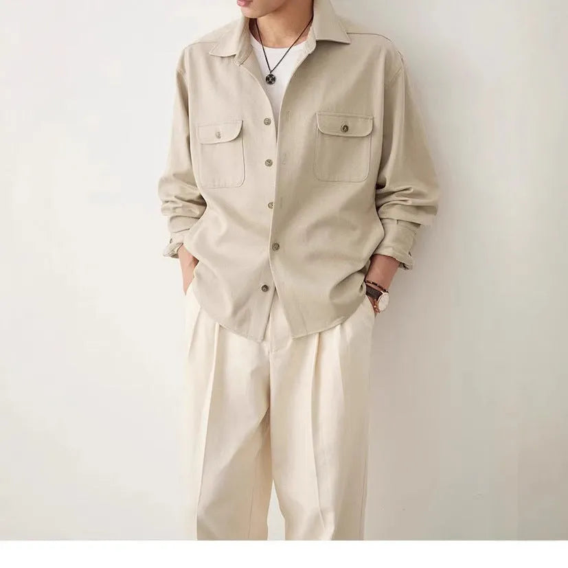 Men's cotton fabric lapel shirt in light sand rice colour with collage stitching detail and long sleeves