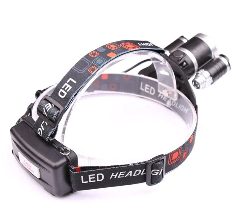 Aluminium alloy LED head torch with adjustable zoom focus and sensor switch option on headband.