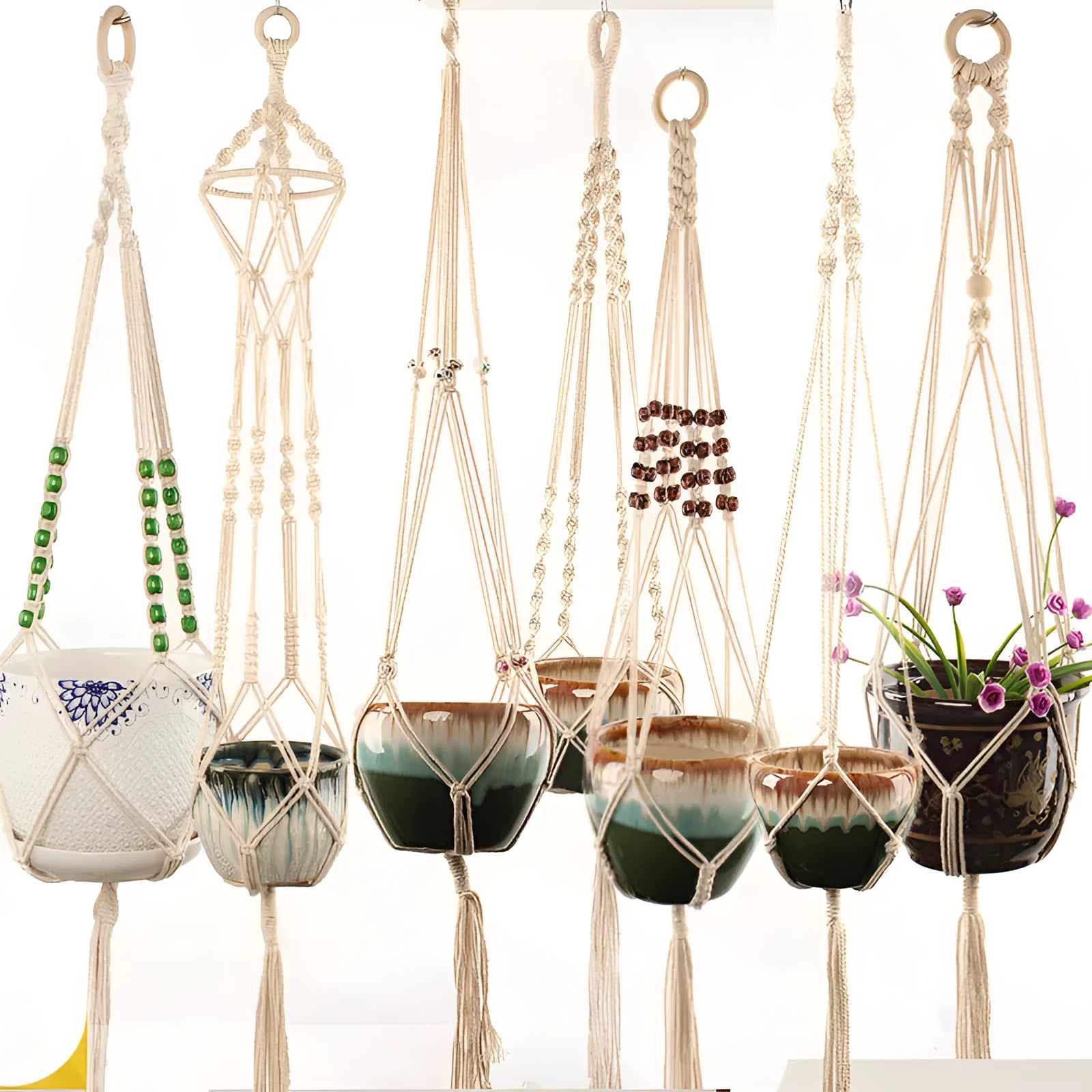 Woven wire plant hanger with cotton rope and jute twine in multiple style configurations
