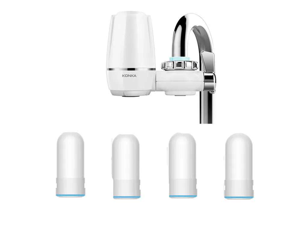 White plastic kitchen tap water filter with ceramic cartridge and installation adapters