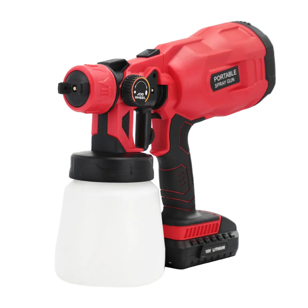 Cordless paint spraying machine with 800ml container and 1.8mm nozzle in blue or red