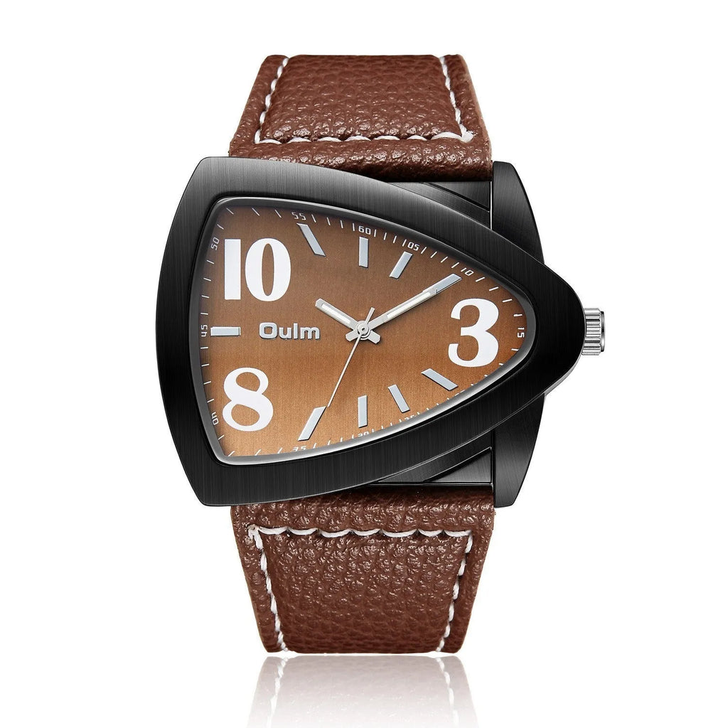 Men's casual triangle pattern leather strap quartz watch with 9mm slim profile