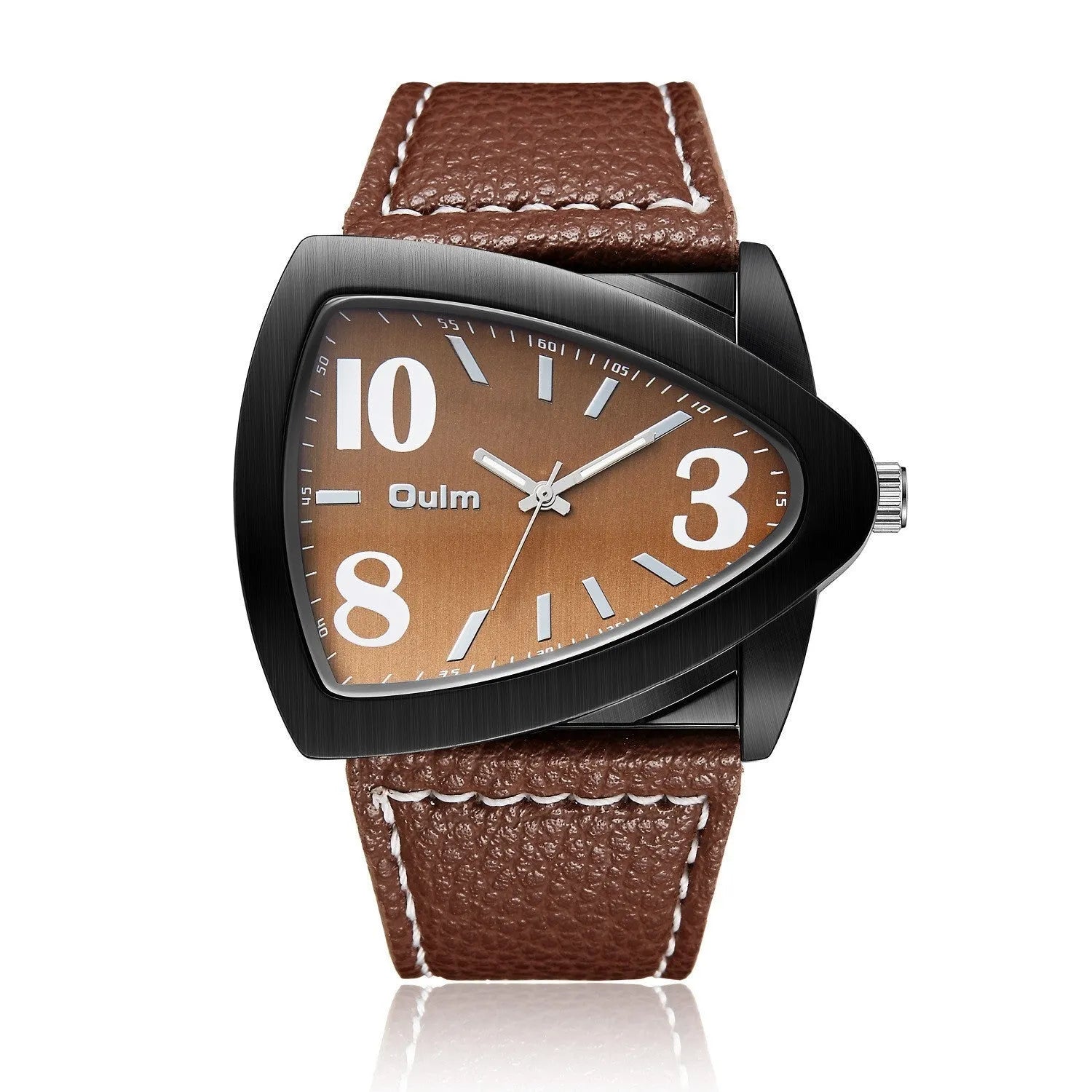 Men's casual triangle pattern leather strap quartz watch with 9mm slim profile