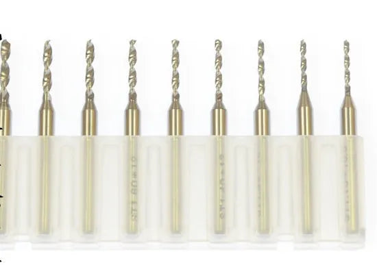 Set of imported tungsten steel micro-engraving bits in various sizes from 0.10mm to 2.00mm diameter.