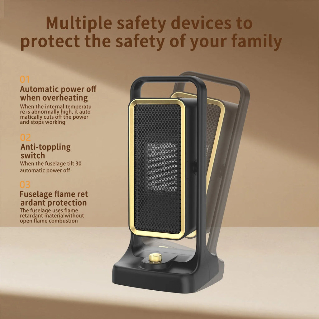 Black HQ-500A PTC ceramic desk heater with control knob on a desktop.